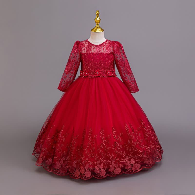Embroidery Mesh Rosette Crystal Long Sleeve Maxi Dresses - Red - 12-13Y - image 17