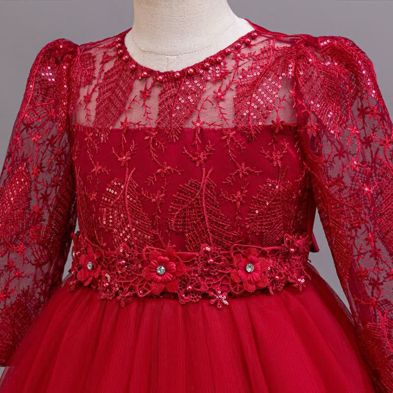 Embroidery Mesh Rosette Crystal Long Sleeve Maxi Dresses - image 20