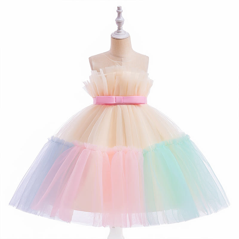 Mesh Bow Sleeveless Mid-long Dresses - Multi-Color - 8Y - image 1