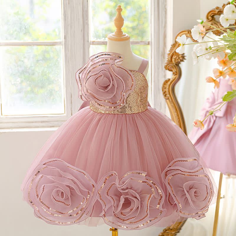 Sequins & Mesh Bow Rosette Sequins Sleeveless Maxi Dresses - Pink - 8Y - image 1