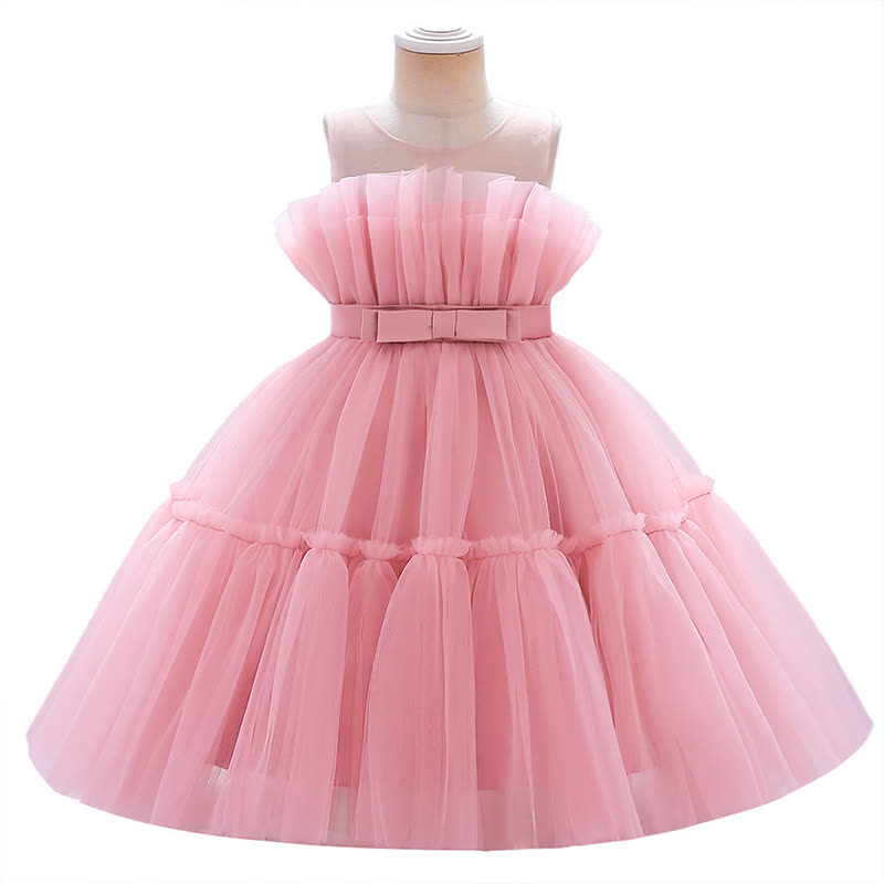 Mesh Bow Sleeveless Mid-long Dresses - Pink - 8Y - image 9