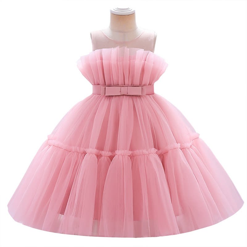 Mesh Bow Sleeveless Mid-long Dresses - Pink - 8Y - image 9