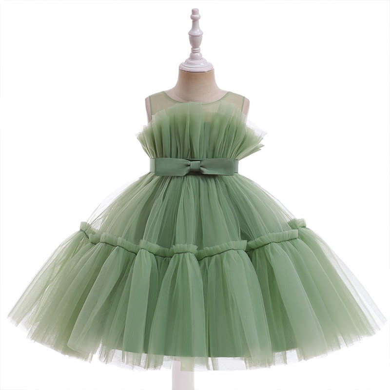 Mesh Bow Sleeveless Mid-long Dresses - Green - 8Y - image 17