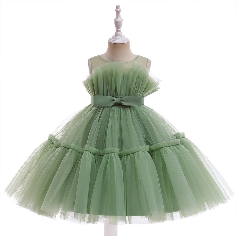 Mesh Bow Sleeveless Mid-long Dresses - Green - 8Y - image 17