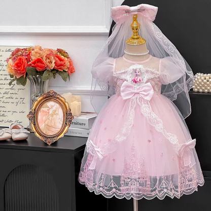 Mesh Lace Short sleeve Mid-long Dresses - Pink - 6Y - image 4