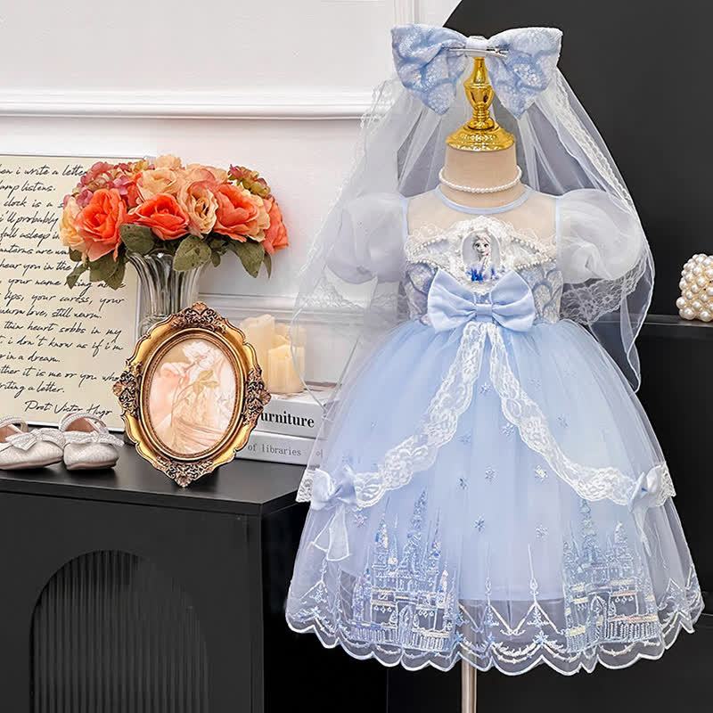 Mesh Lace Short sleeve Mid-long Dresses - Blue - 6Y - image 1