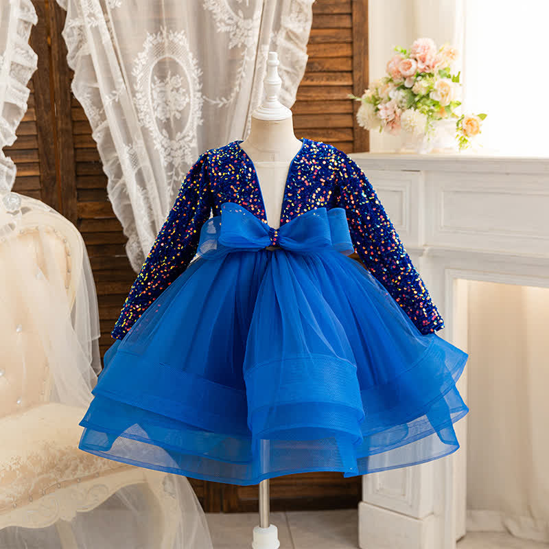 Sequins & Mesh Bow Long sleeve Mid-long Dresses - Blue - 8Y - image 1