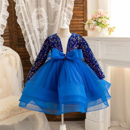 Sequins & Mesh Bow Long sleeve Mid-long Dresses - Blue - 8Y - image 1