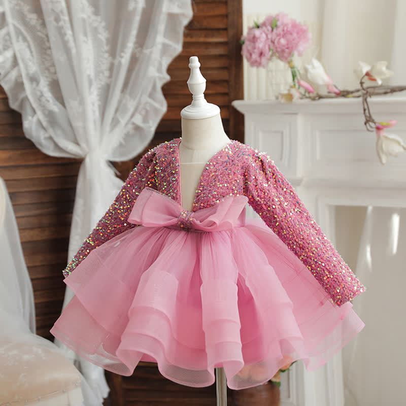 Sequins & Mesh Bow Long sleeve Mid-long Dresses - image 5