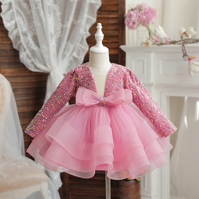 Sequins & Mesh Bow Long sleeve Mid-long Dresses - Pink - 8Y - image 4