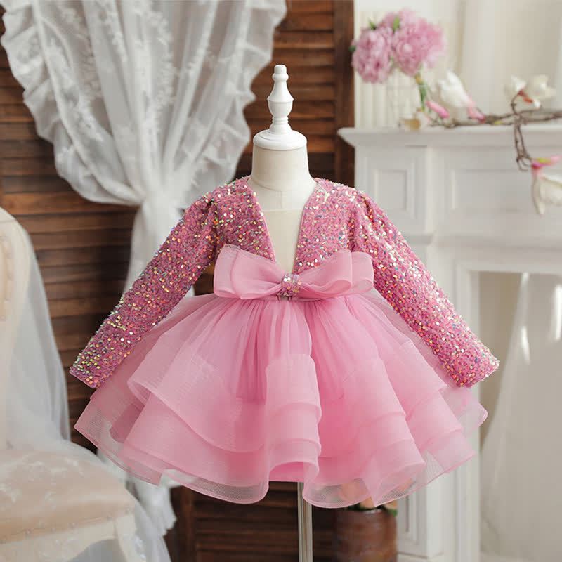 Sequins & Mesh Bow Long sleeve Mid-long Dresses - Pink - 8Y - image 1