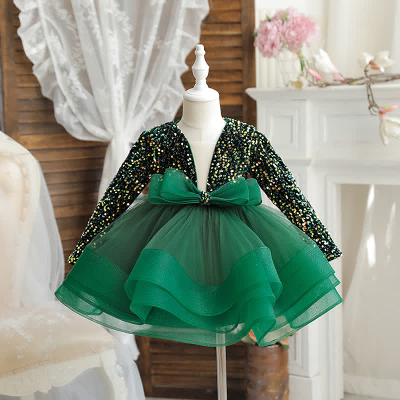 Sequins & Mesh Bow Long sleeve Mid-long Dresses - Green - 8Y - image 7
