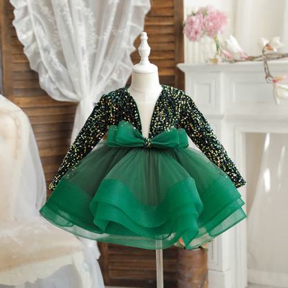 Sequins & Mesh Bow Long sleeve Mid-long Dresses - Green - 8Y - image 7