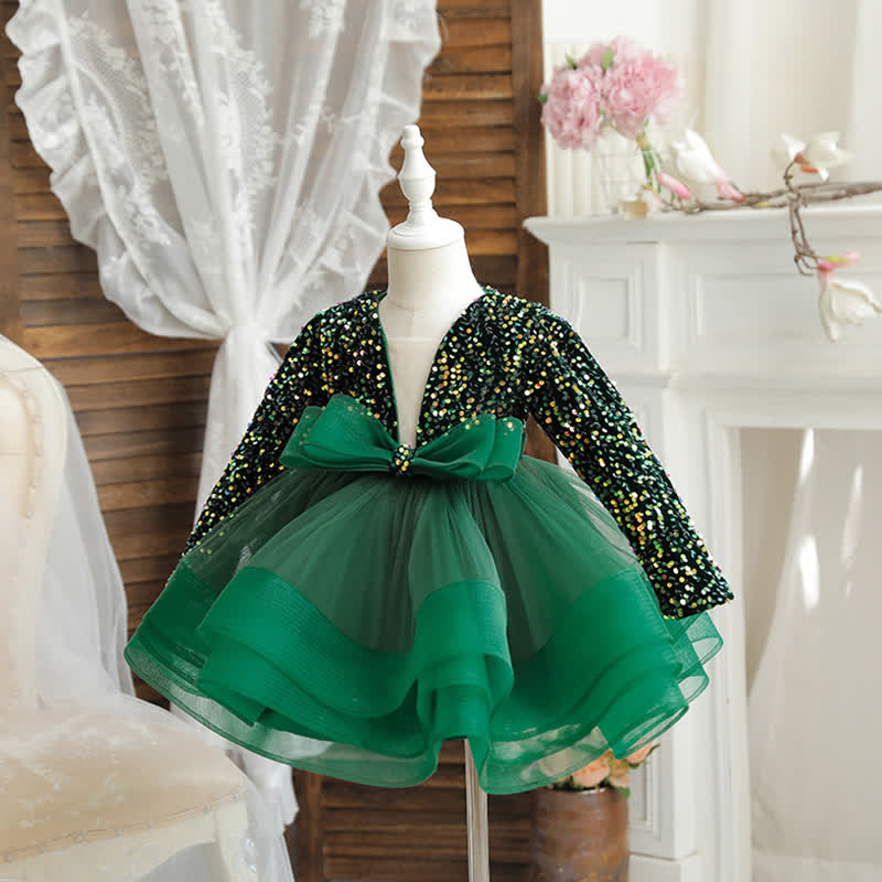 Sequins & Mesh Bow Long sleeve Mid-long Dresses - image 8