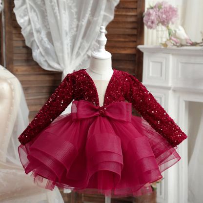 Sequins & Mesh Bow Long sleeve Mid-long Dresses - Red - 8Y - image 13