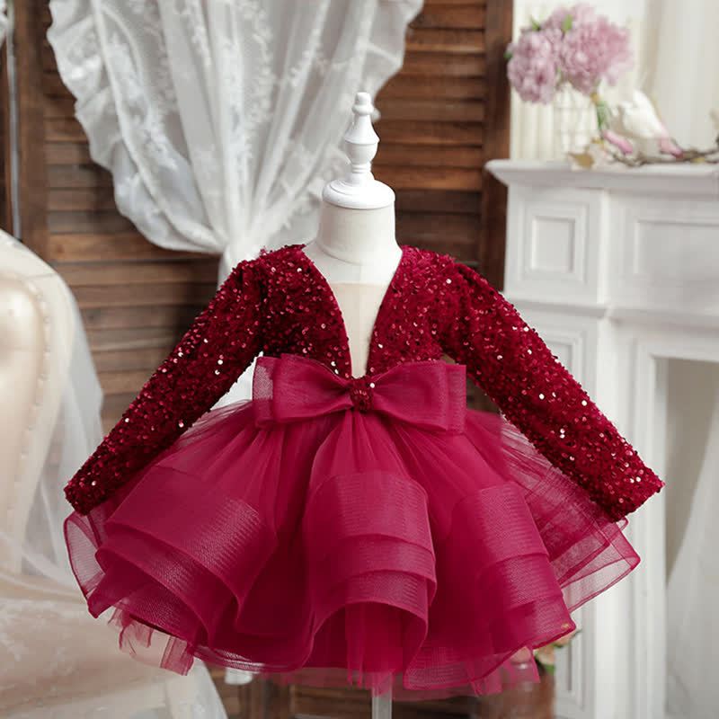Sequins & Mesh Bow Long sleeve Mid-long Dresses - Red - 8Y - image 10
