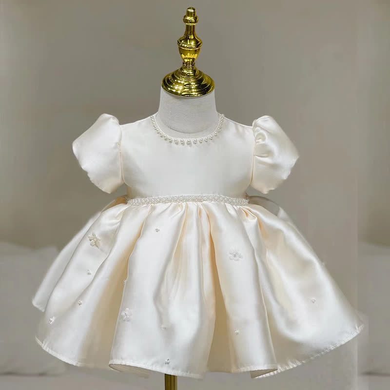 Satin Bow Pearl Short Sleeve Midi Dresses - Champagne Gold - 7-8Y - image 1