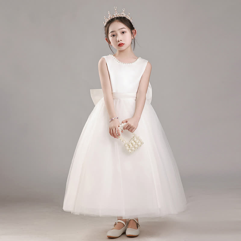 Mesh Bow Sleeveless Midi Dresses - White - 13-14Y - image 4