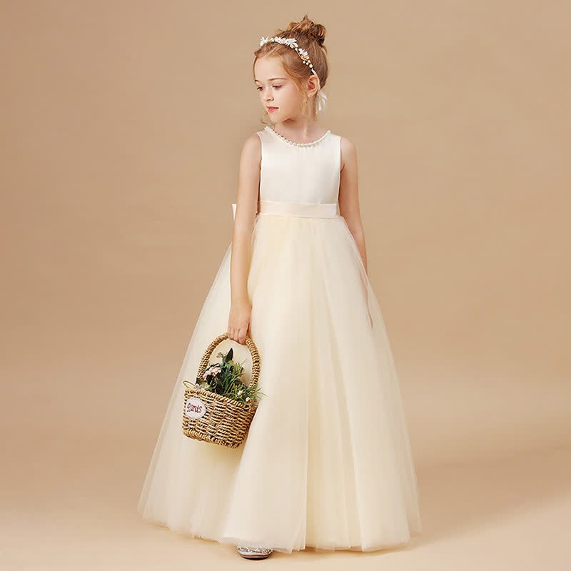 Mesh Bow Sleeveless Midi Dresses - Champagne Gold - 13-14Y - image 5