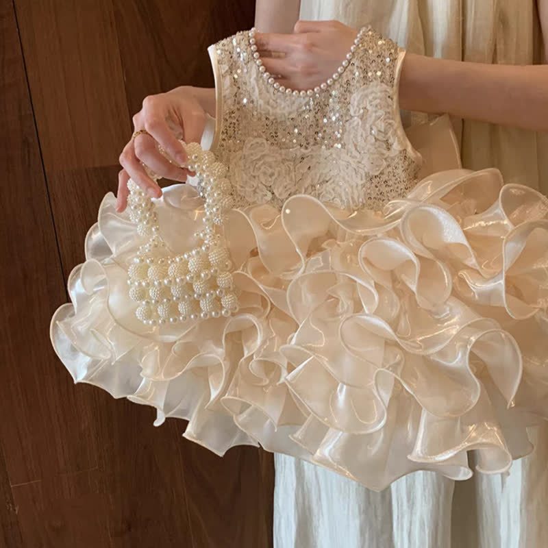 Glitter & Organza Pearl Sleeveless Midi Dresses - Beige - 7-8Y - image 1