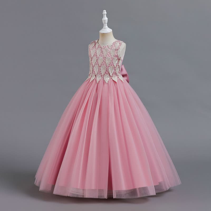 Mesh Bow Sleeveless Maxi Dresses - Pink - 12-13Y - image 1