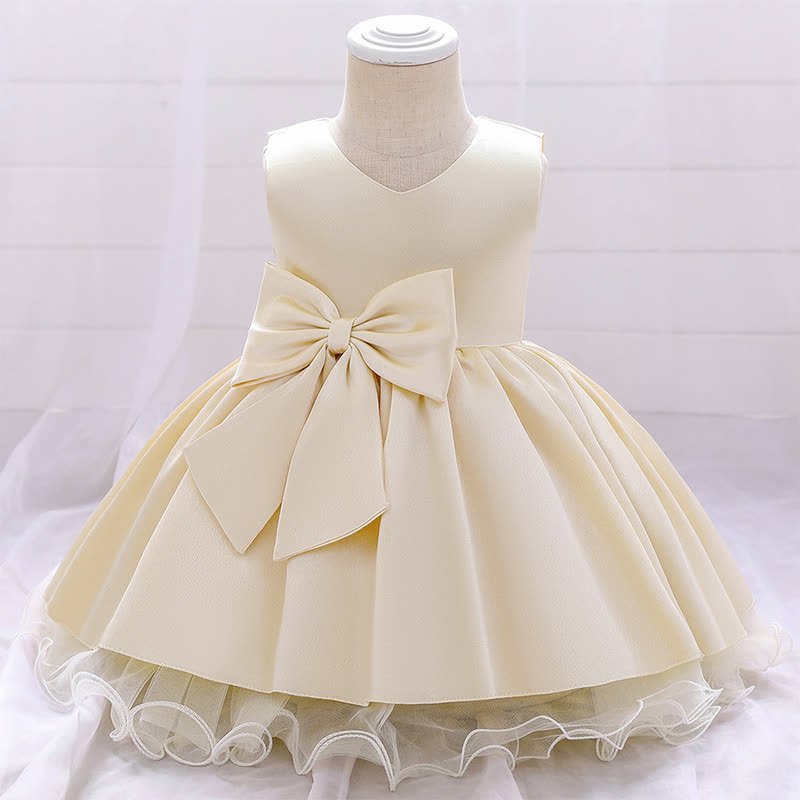 Satin Bow Sleeveless Midi Dresses - Champagne - 5-6Y - image 1