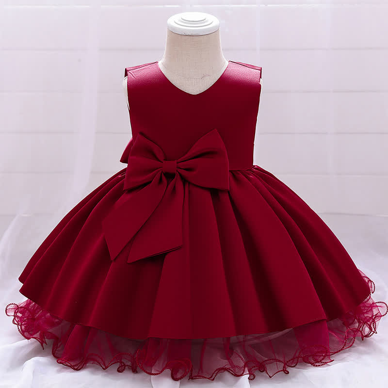 Satin Bow Sleeveless Midi Dresses - Red - 5-6Y - image 1