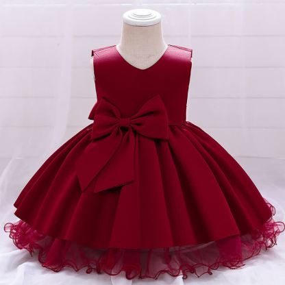 Satin Bow Sleeveless Midi Dresses - Red - 5-6Y - image 1