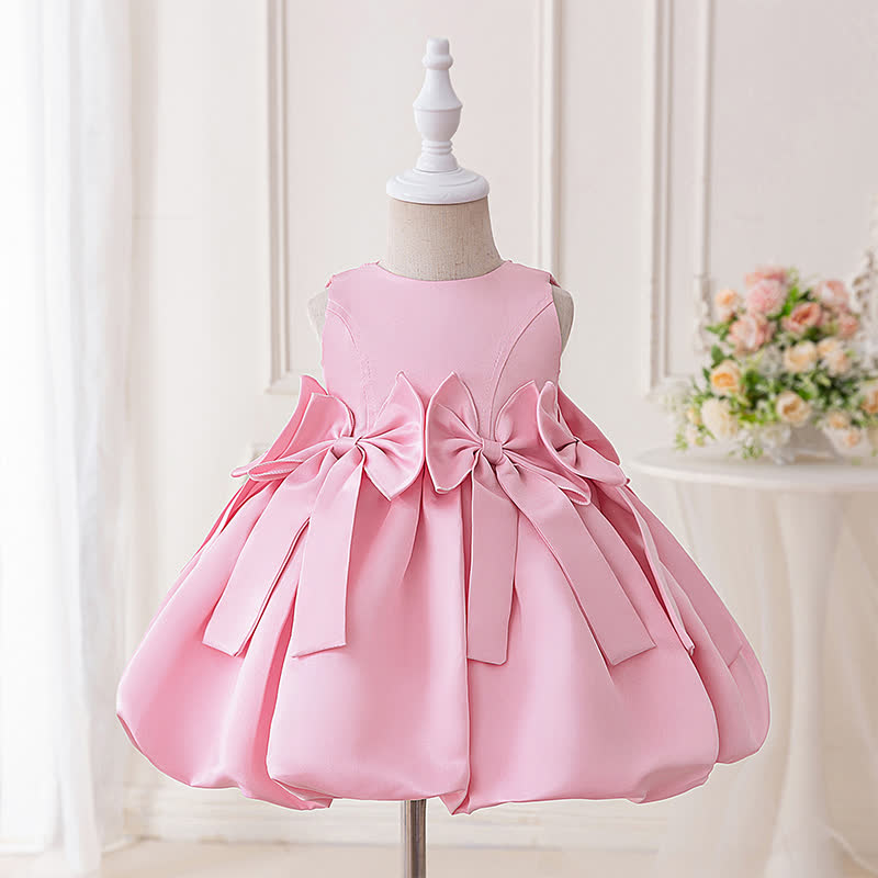 Satin Bow Sleeveless Midi Dresses - Pink - 4-5Y - image 1