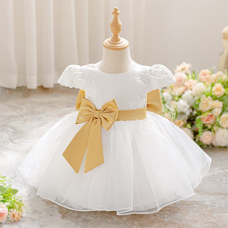 Embroidery Mesh Bow Short Sleeve Shorts Dresses - White - 18-24M - image 1