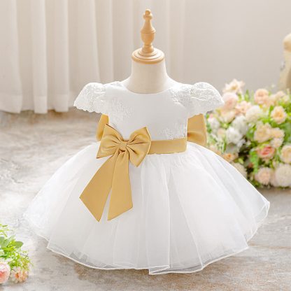 Embroidery Mesh Bow Short Sleeve Shorts Dresses - White - 18-24M - image 1