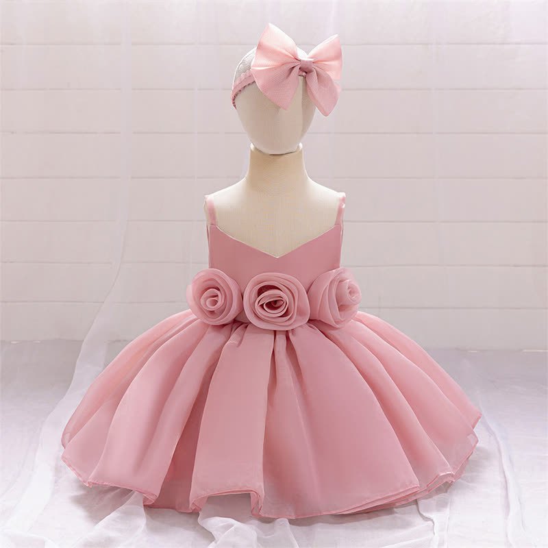 Organza Rosette Sleeveless Shorts Dresses - Pink - 1-2Y - image 1