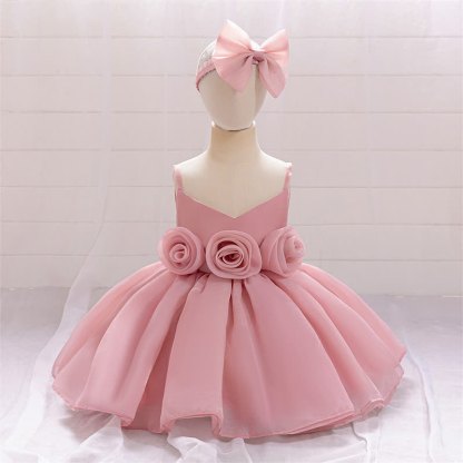 Organza Rosette Sleeveless Shorts Dresses - Pink - 1-2Y - image 1