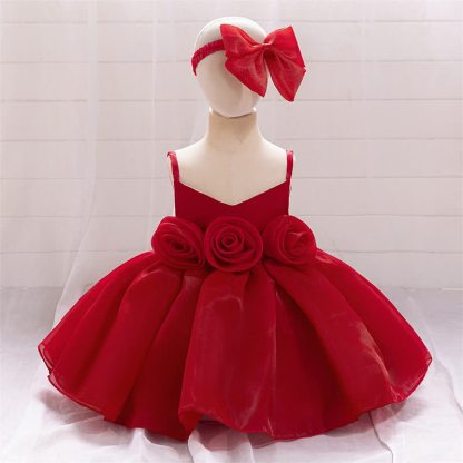 Organza Rosette Sleeveless Shorts Dresses - Red - 1-2Y - image 10