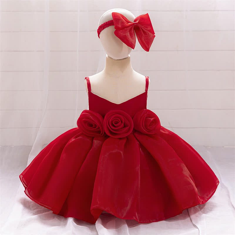 Organza Rosette Sleeveless Shorts Dresses - Red - 1-2Y - image 10