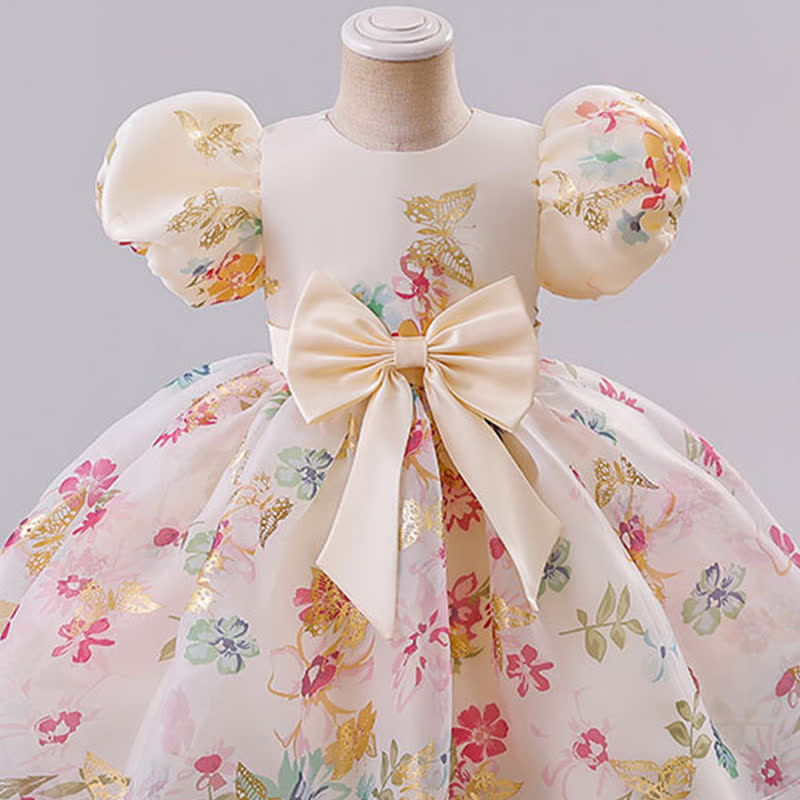 Organza Bow Short Sleeve Non-Positioned Midi Floral Dresses - Champagne - 6-7Y - image 1