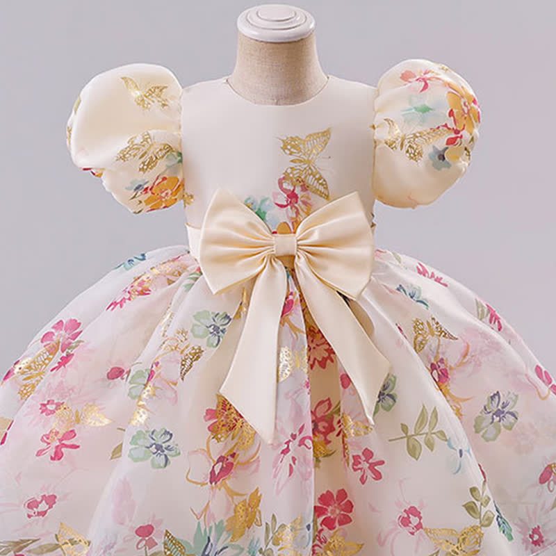 Organza Bow Short Sleeve Non-Positioned Midi Floral Dresses - Champagne - 6-7Y - image 1