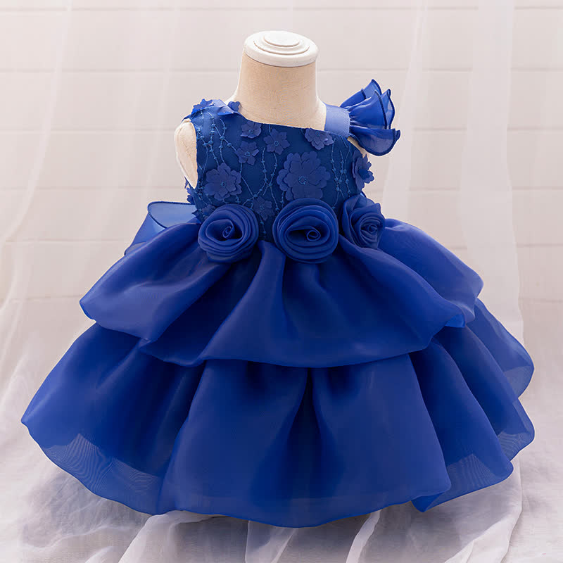 Organza Ruched Short Sleeve Midi Dresses - Blue - 1-2Y - image 9