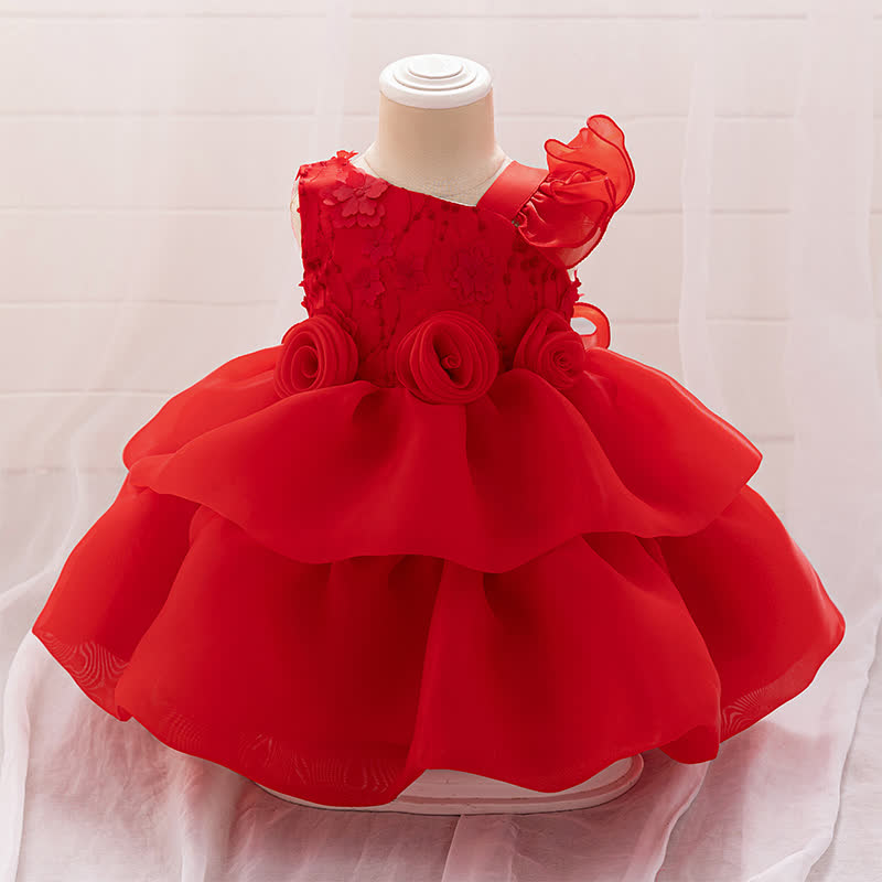 Organza Ruched Short Sleeve Midi Dresses - Red - 1-2Y - image 5