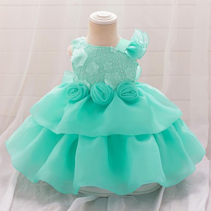 Organza Ruched Short Sleeve Midi Dresses - Green - 1-2Y - image 1