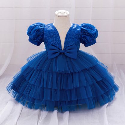 Mesh Bow  Short Sleeve Midi Dresses - Blue - 4-5Y - image 5