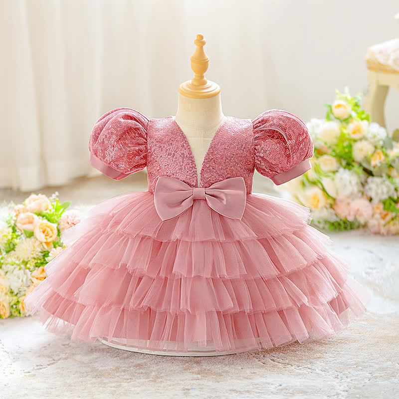 Mesh Bow  Short Sleeve Midi Dresses - Pink - 4-5Y - image 1