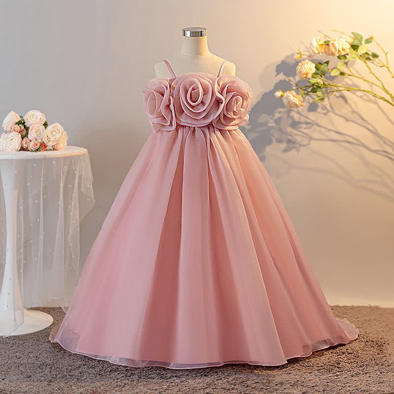 Organza Rosette Sleeveless Maxi Dresses - Pink - 14-15Y - image 1