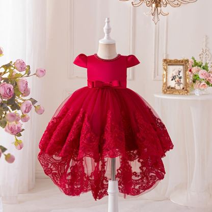 Mesh Bow Imitation Pearls Cap Sleeve Midi Dresses - Wine - 8-9Y - image 1