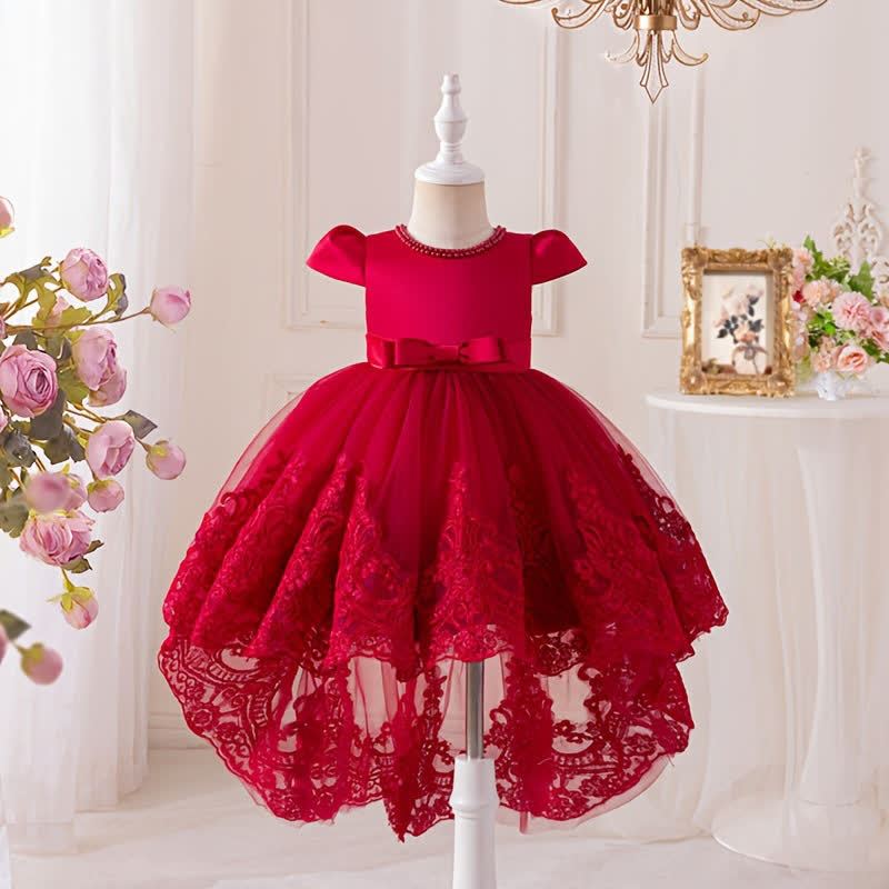 Mesh Bow Imitation Pearls Cap Sleeve Midi Dresses - Wine - 8-9Y - image 1