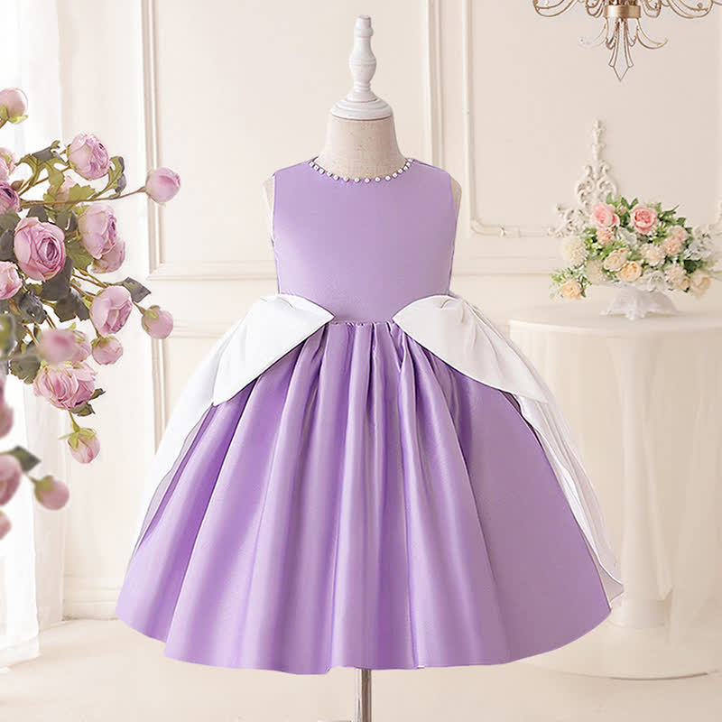 Satin Bow Sleeveless Midi Dresses - Purple - 8Y - image 1
