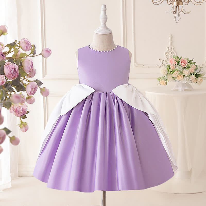 Satin Bow Sleeveless Midi Dresses - Purple - 8Y - image 1
