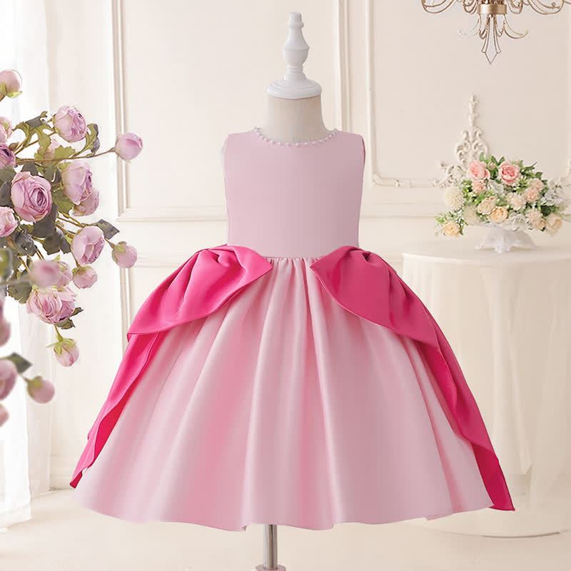 Satin Bow Sleeveless Midi Dresses - Pink - 8Y - image 5