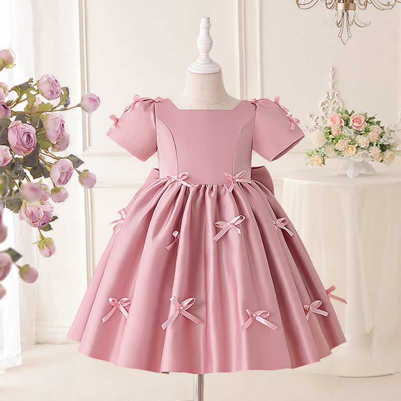 Satin Bow Short Sleeve Midi Dresses - Pink - 8Y - image 1