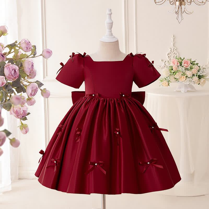 Satin Bow Short Sleeve Midi Dresses - Red - 8Y - image 5